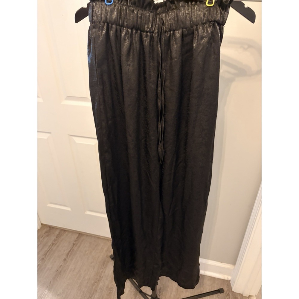 Flowy Black Metallic Polyester Satin Wide-Leg Pants Med Ruffled Faux Drawstring